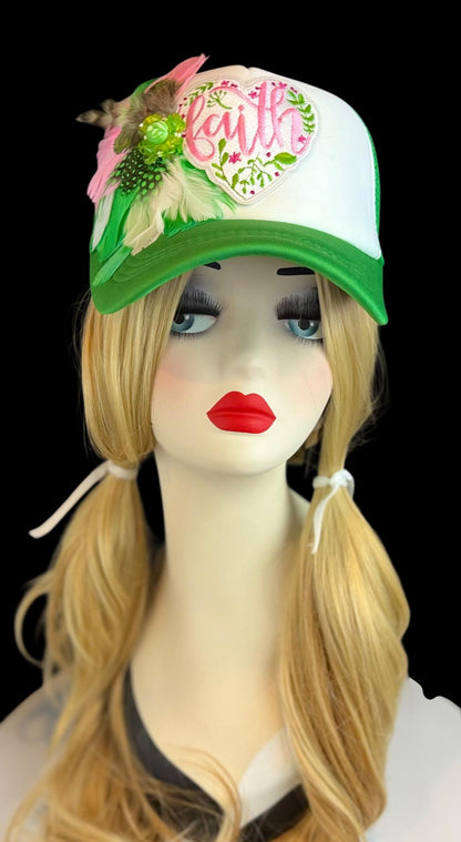 Love and “FAITH” Statement Patchwork Feathered & Jeweled Avant-Garde Fashionable Trucker Hat