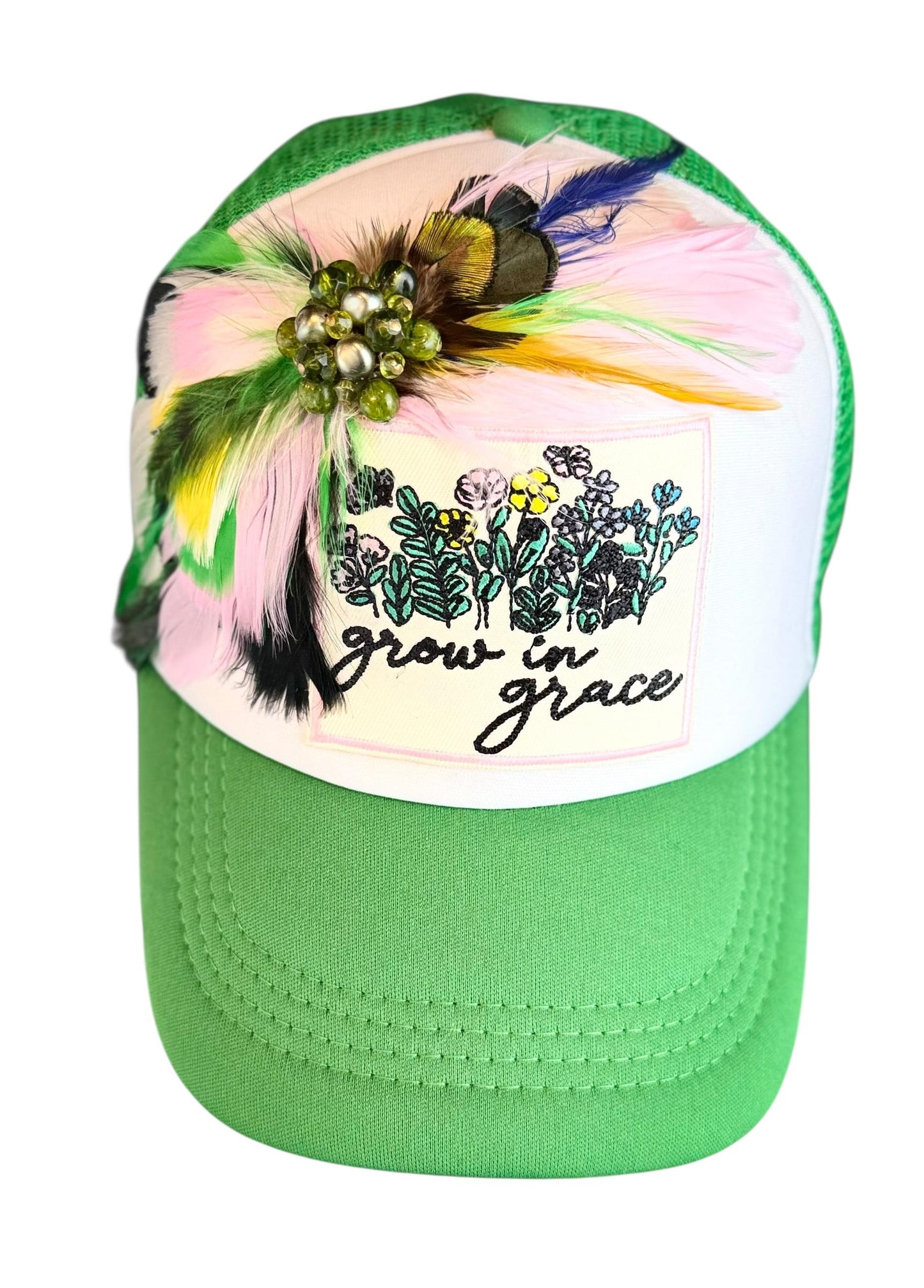 Grow In Grace Statement Patchwork Adorned Avant-Garde Fashionable Trucker Hat