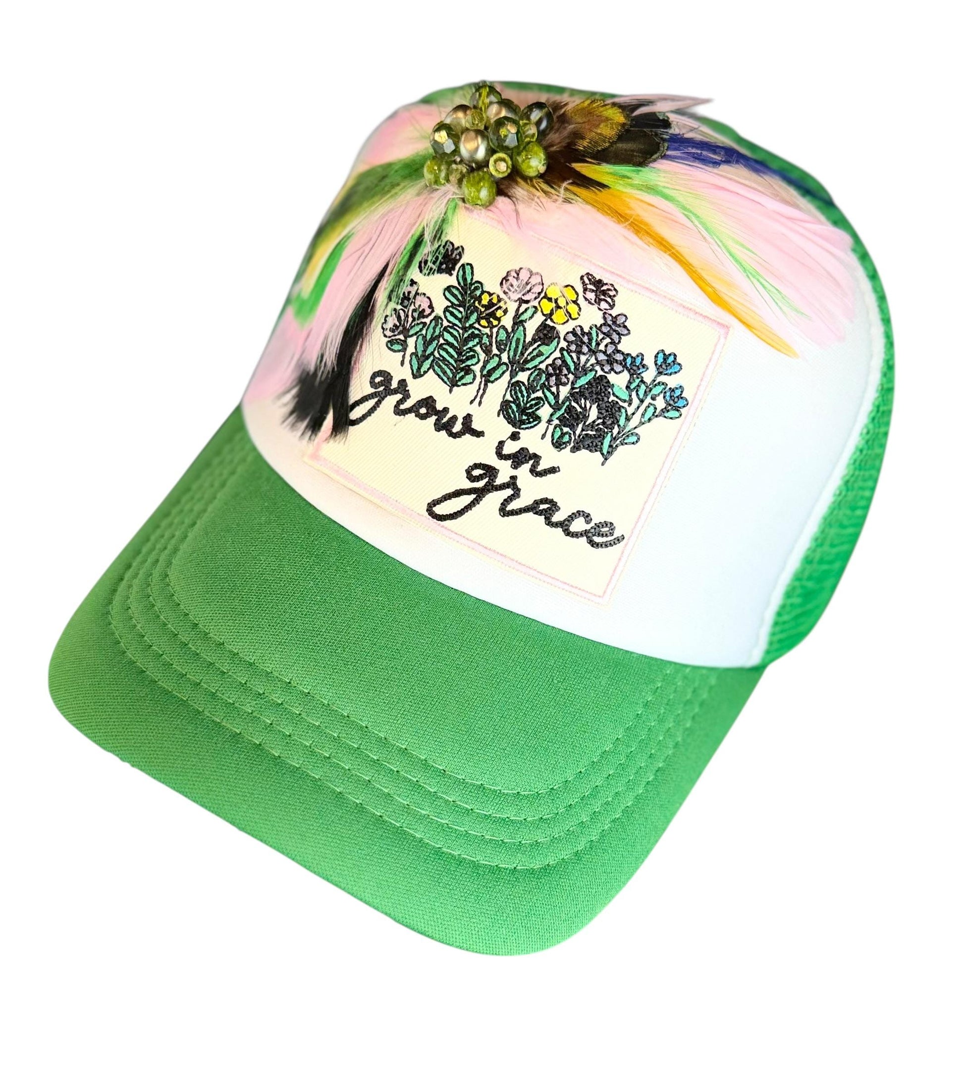 Grow In Grace Statement Patchwork Adorned Avant-Garde Fashionable Trucker Hat