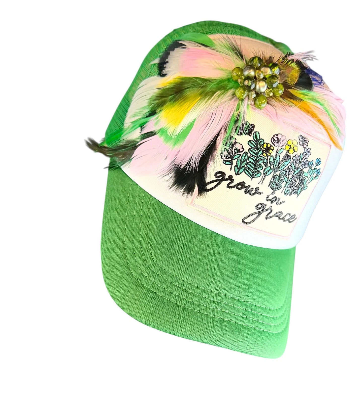 Grow In Grace Statement Patchwork Adorned Avant-Garde Fashionable Trucker Hat