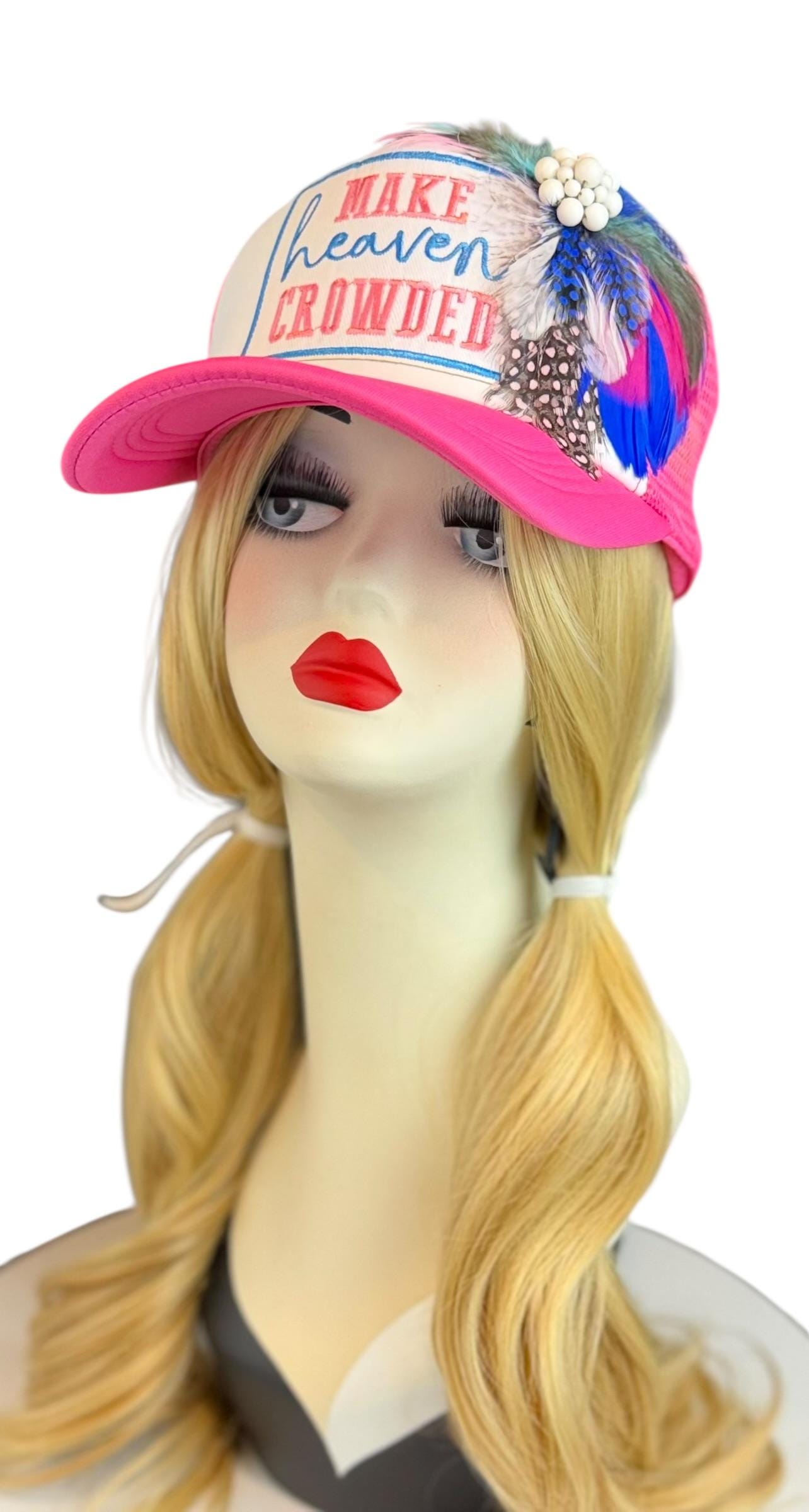 Make Heaven Crowded Statement Patchwork Feathered & Jeweled Avant-Garde Fashionable Trucker Hat