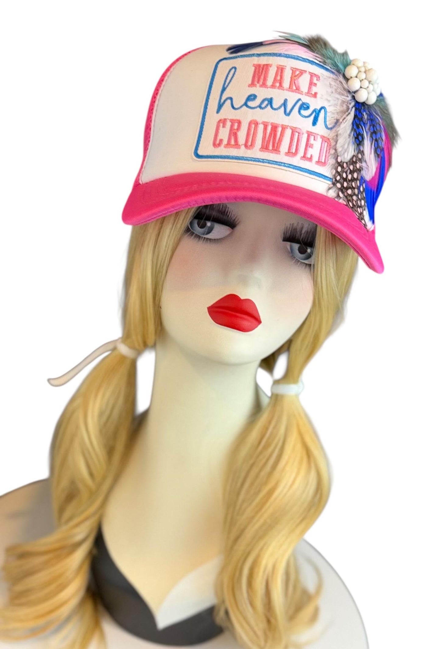 Make Heaven Crowded Statement Patchwork Feathered & Jeweled Avant-Garde Fashionable Trucker Hat