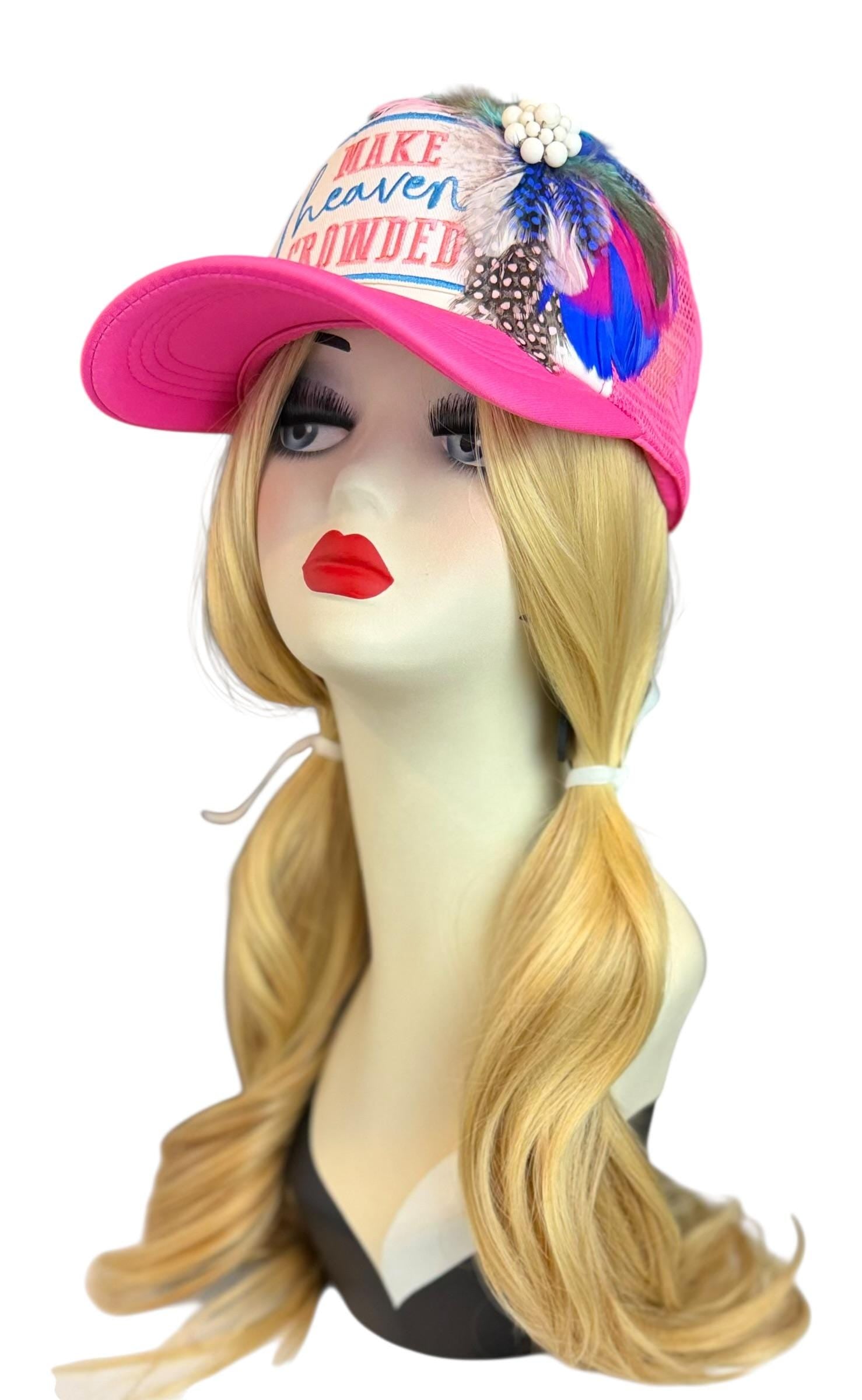 Make Heaven Crowded Statement Patchwork Feathered & Jeweled Avant-Garde Fashionable Trucker Hat