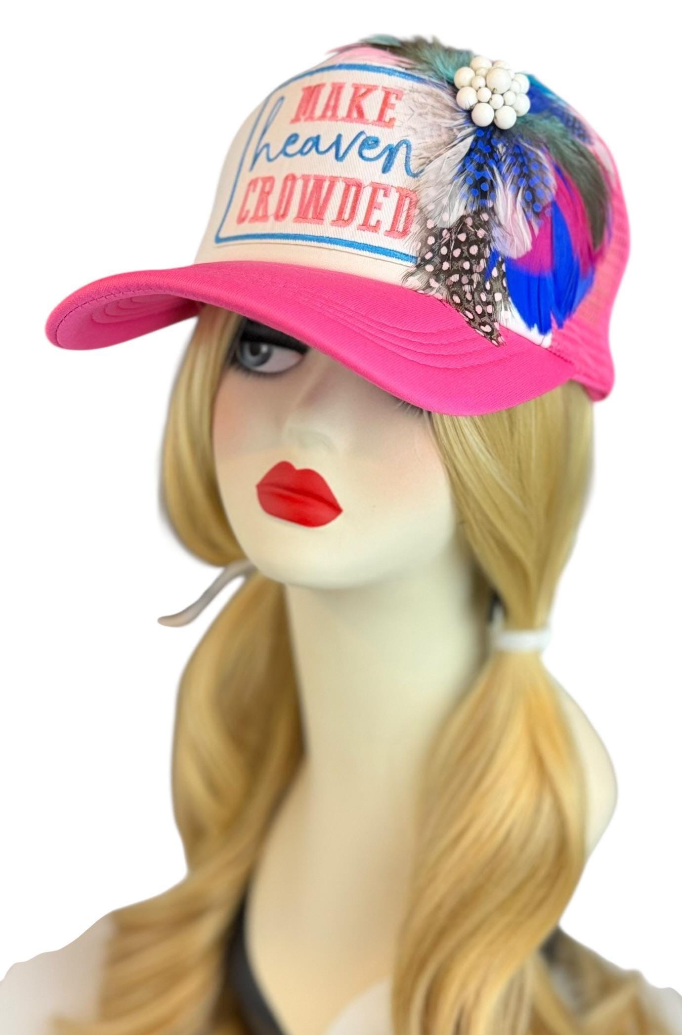 Make Heaven Crowded Statement Patchwork Feathered & Jeweled Avant-Garde Fashionable Trucker Hat