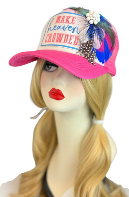 Make Heaven Crowded Statement Patchwork Feathered & Jeweled Avant-Garde Fashionable Trucker Hat