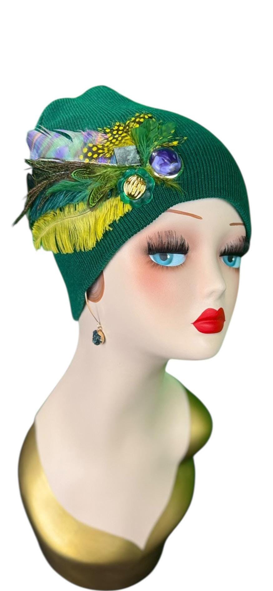 Fancy Flapper Style Vintage Jeweled Slouchy Knit Hat with Feather Accents