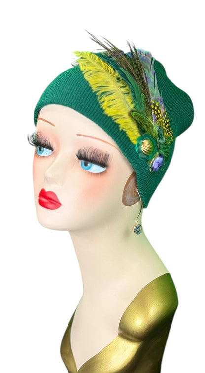 Fancy Flapper Style Vintage Jeweled Slouchy Knit Hat with Feather Accents