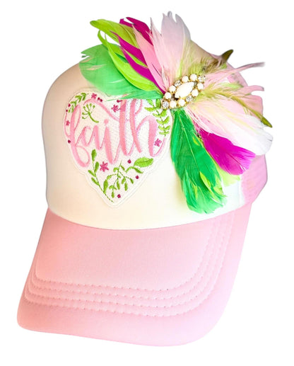 Love and “FAITH” Statement Patchwork Feathered & Jeweled Avant-Garde Fashionable Trucker Hat