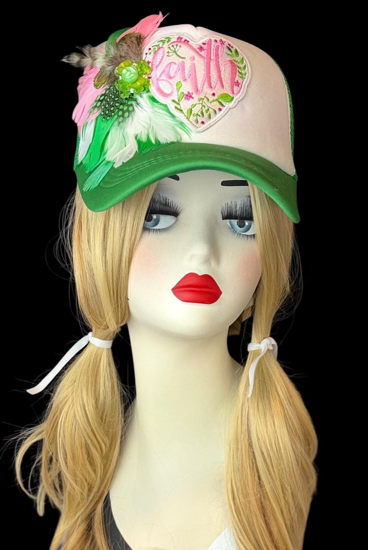 Love and “FAITH” Statement Patchwork Feathered & Jeweled Avant-Garde Fashionable Trucker Hat