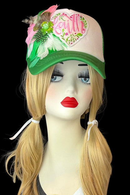 Love and “FAITH” Statement Patchwork Feathered & Jeweled Avant-Garde Fashionable Trucker Hat