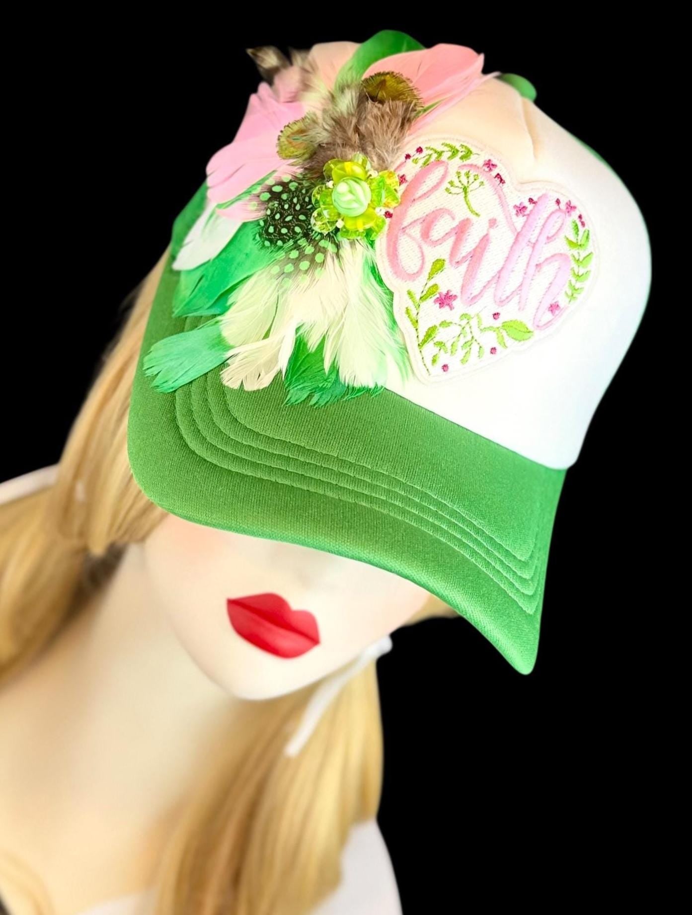 Love and “FAITH” Statement Patchwork Feathered & Jeweled Avant-Garde Fashionable Trucker Hat