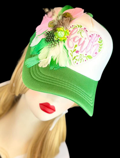 Love and “FAITH” Statement Patchwork Feathered & Jeweled Avant-Garde Fashionable Trucker Hat