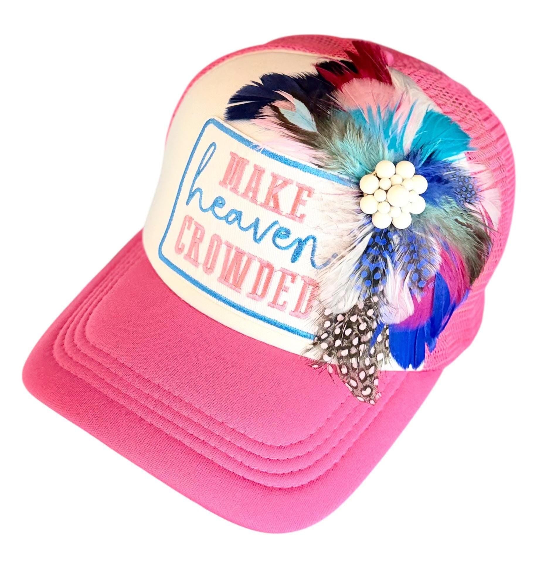 Make Heaven Crowded Statement Patchwork Feathered & Jeweled Avant-Garde Fashionable Trucker Hat