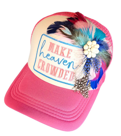 Make Heaven Crowded Statement Patchwork Feathered & Jeweled Avant-Garde Fashionable Trucker Hat