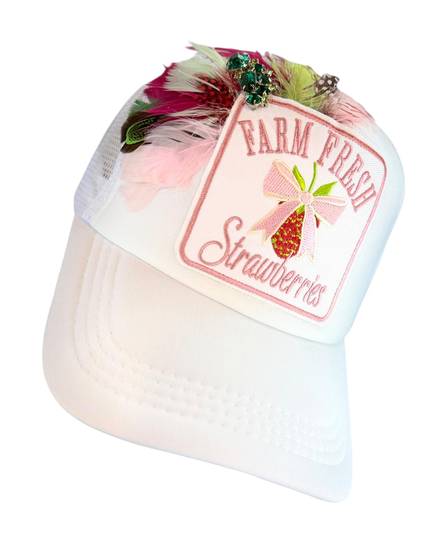 Farm Fresh Strawberries Statement Patchwork Adorned Avant-Garde Fashionable Trucker Hat