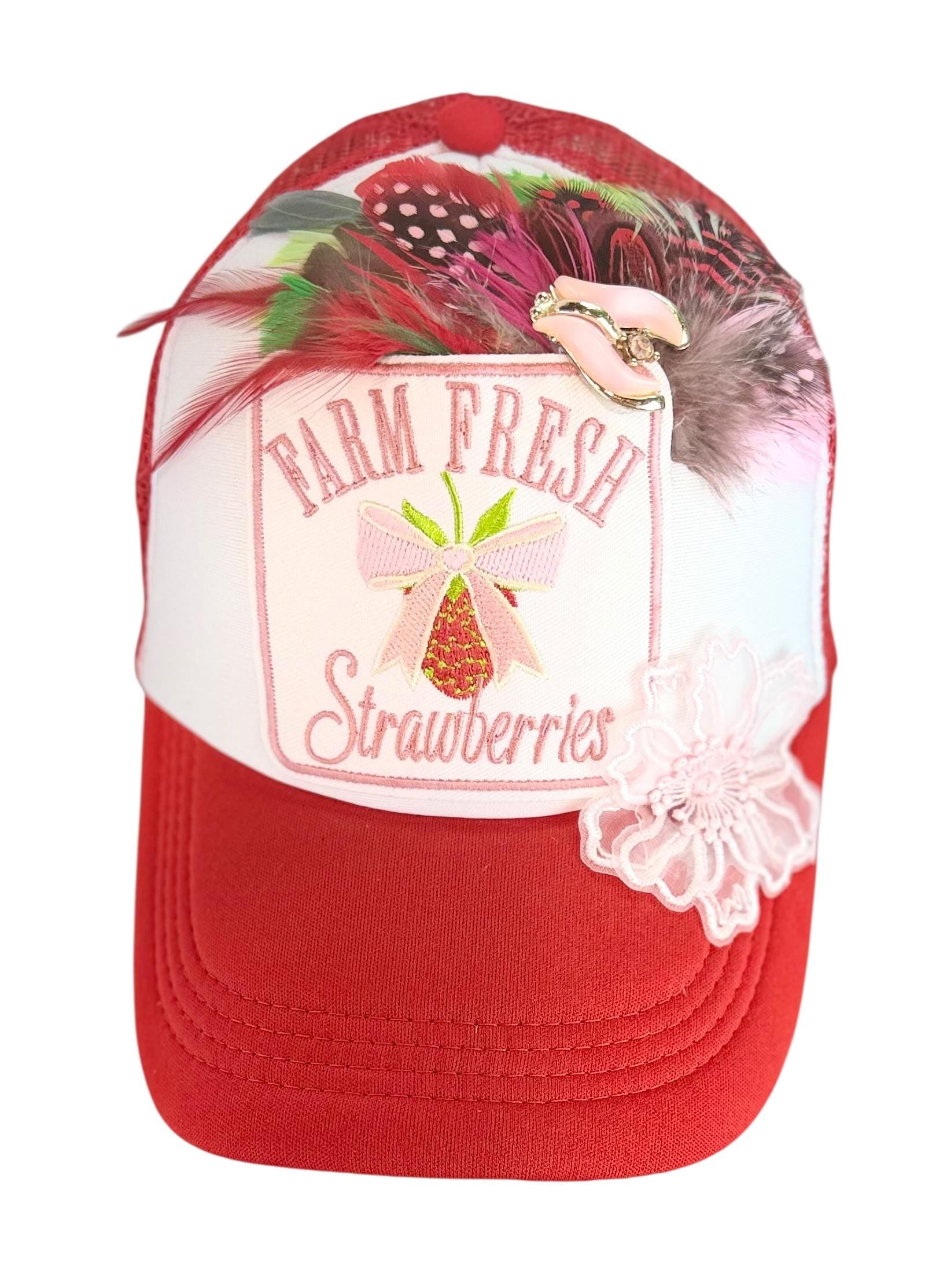 Farm Fresh Strawberries Statement Patchwork Adorned Avant-Garde Fashionable Trucker Hat