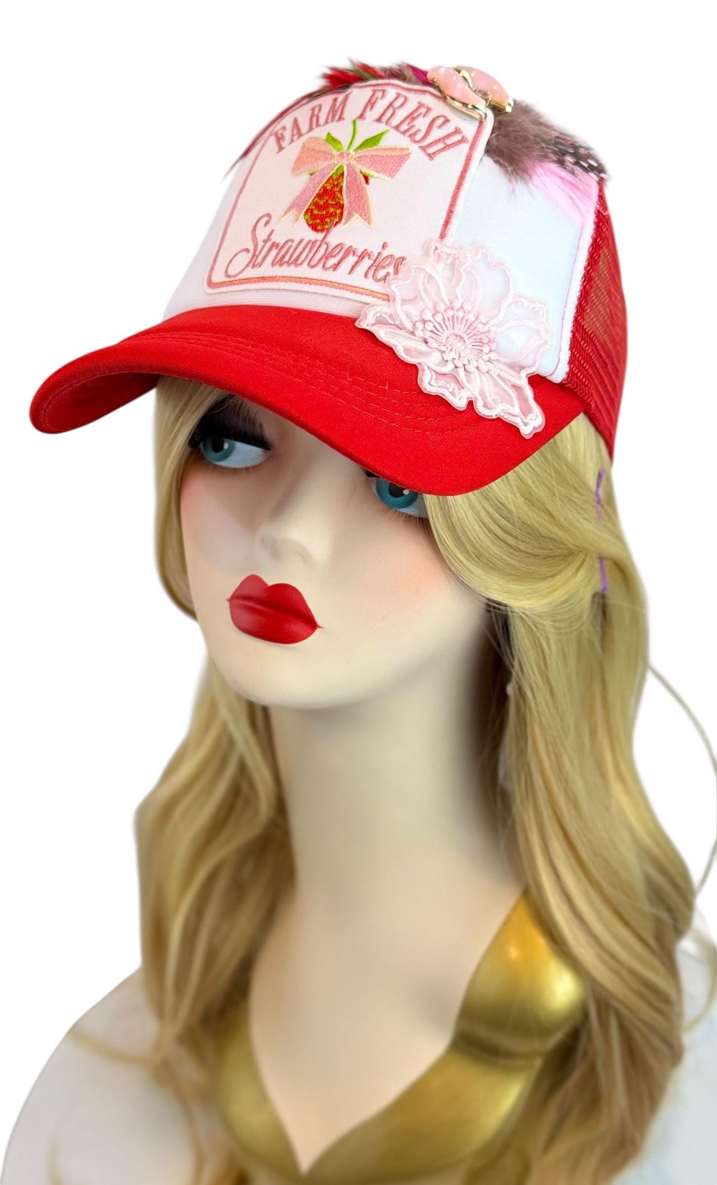 Farm Fresh Strawberries Statement Patchwork Adorned Avant-Garde Fashionable Trucker Hat