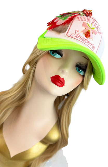 Farm Fresh Strawberries Statement Patchwork Adorned Avant-Garde Fashionable Trucker Hat