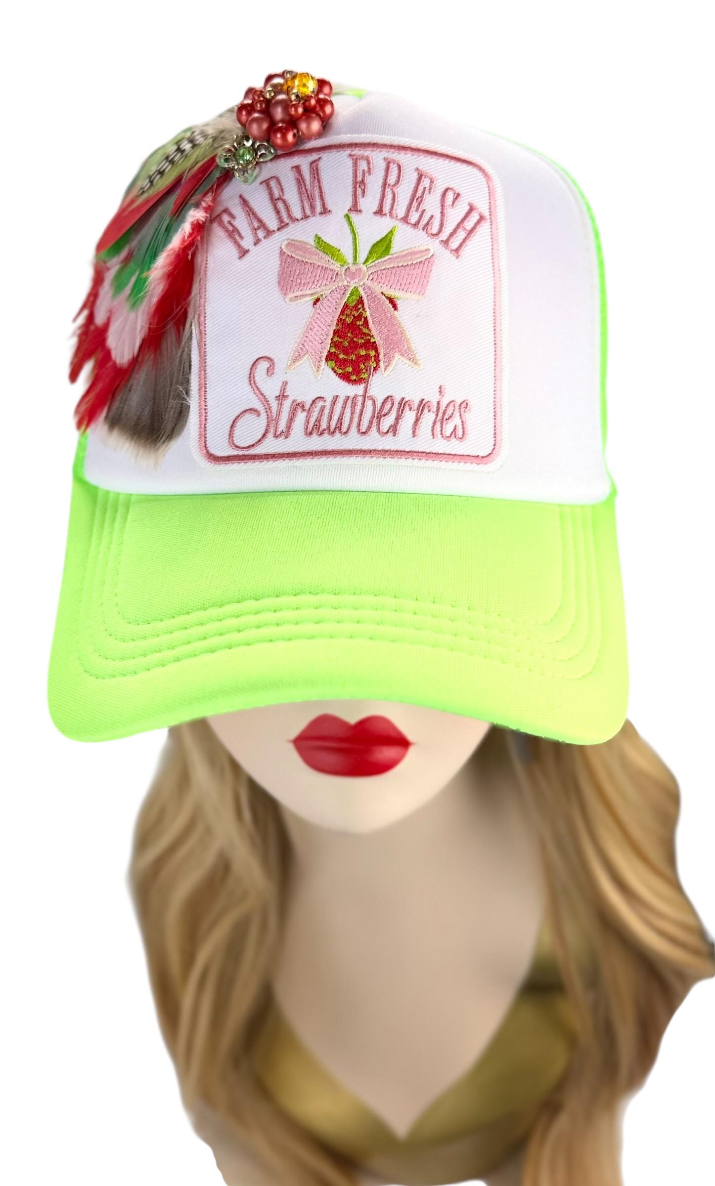 Farm Fresh Strawberries Statement Patchwork Adorned Avant-Garde Fashionable Trucker Hat
