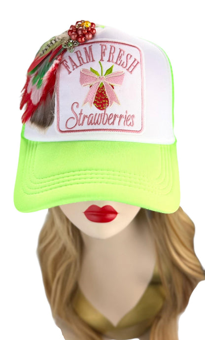 Farm Fresh Strawberries Statement Patchwork Adorned Avant-Garde Fashionable Trucker Hat