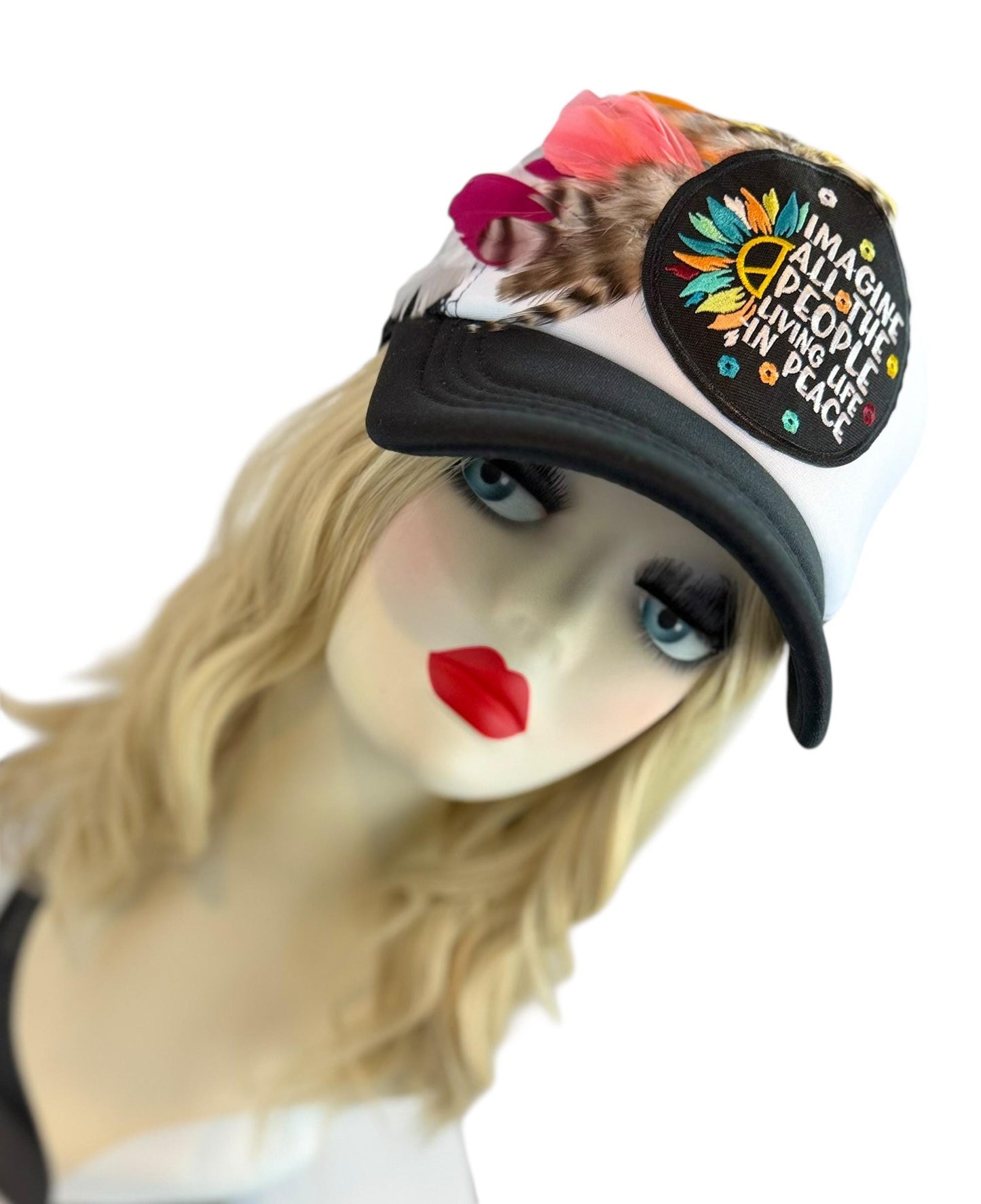 Peaceful Dreams Statement Patchwork and Feather Adorned Avant-Garde Fashionable Trucker & Beanie Hat
