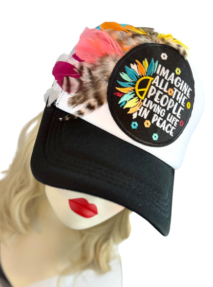Peaceful Dreams Statement Patchwork and Feather Adorned Avant-Garde Fashionable Trucker & Beanie Hat