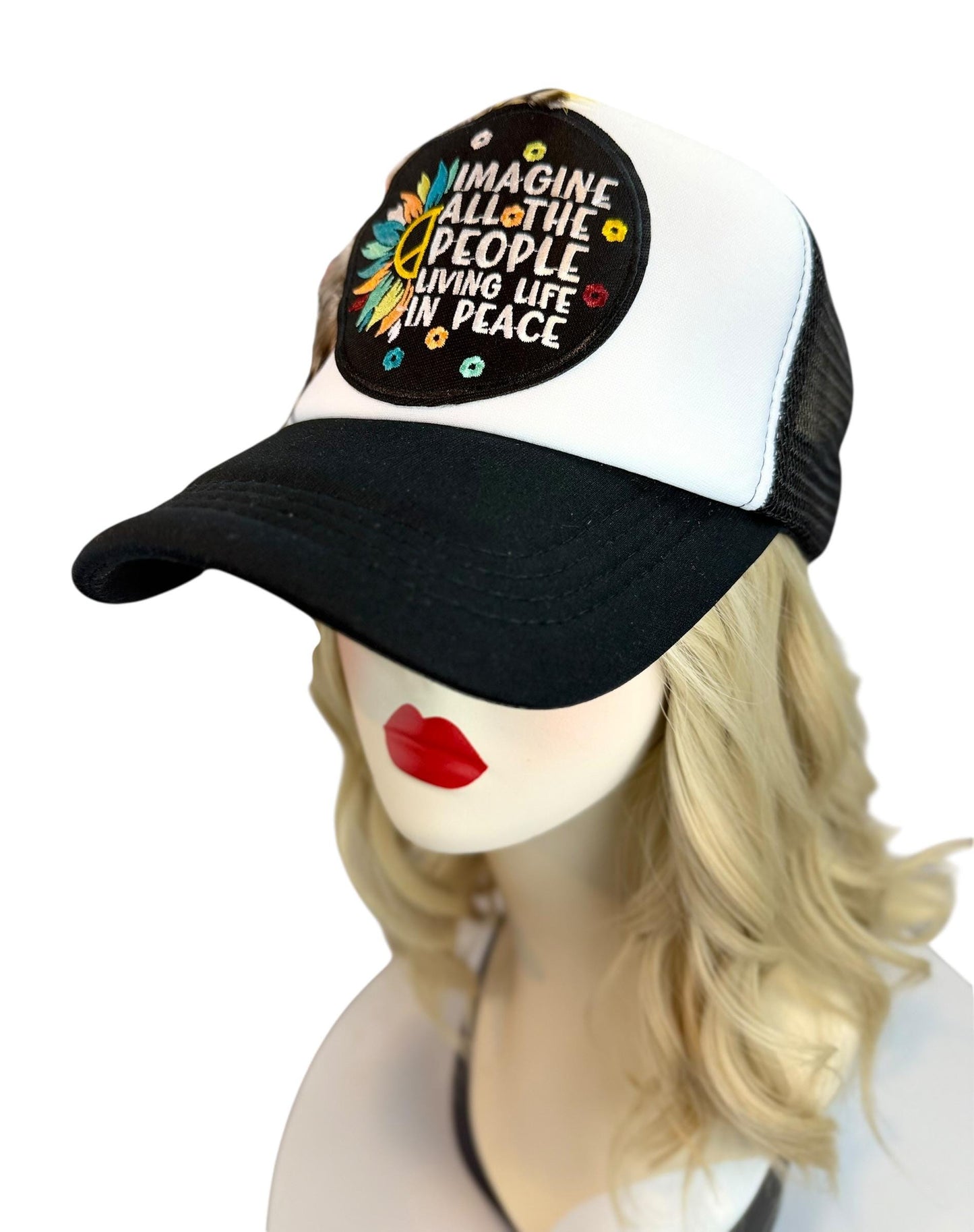 Peaceful Dreams Statement Patchwork and Feather Adorned Avant-Garde Fashionable Trucker & Beanie Hat