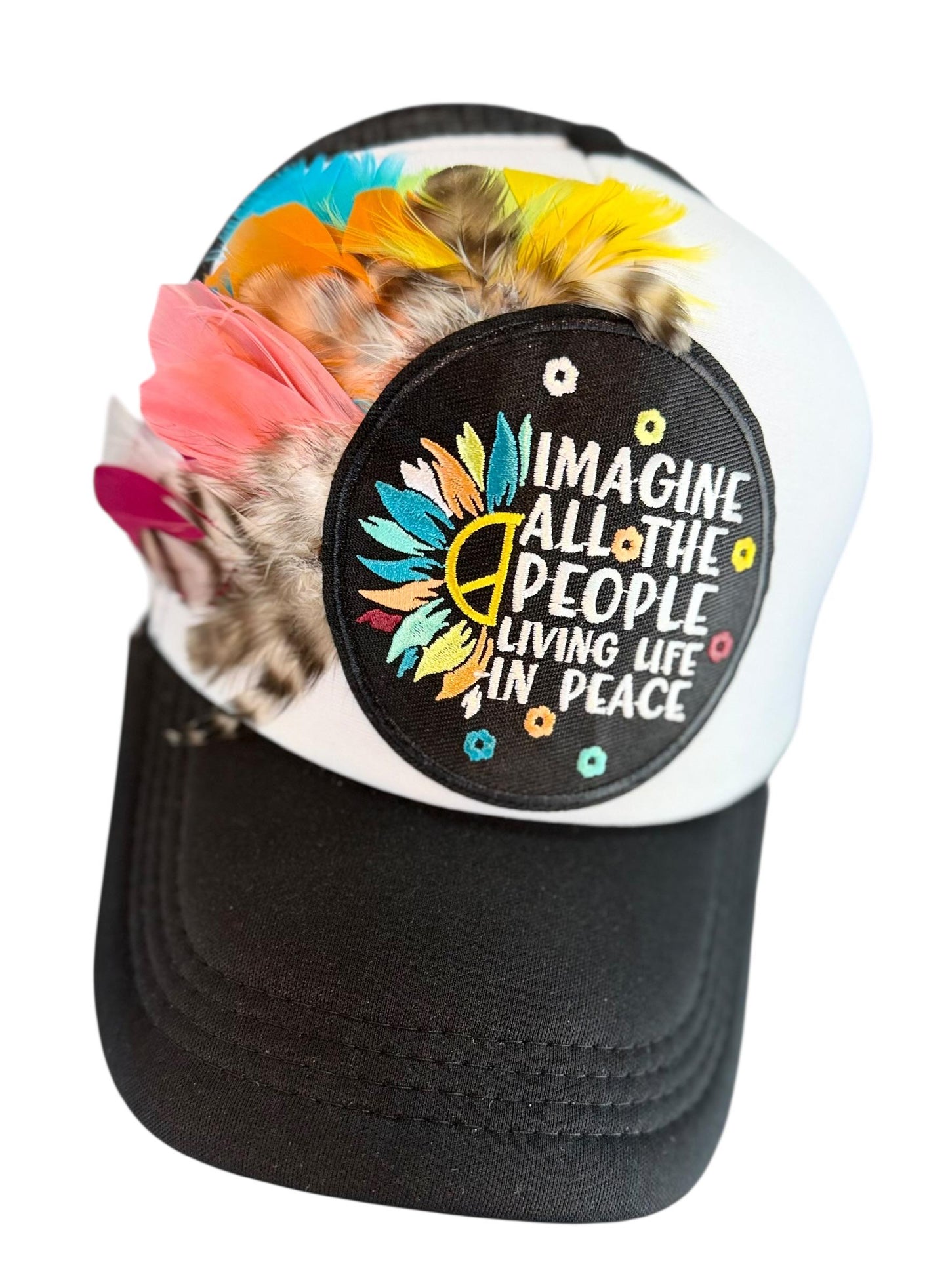 Peaceful Dreams Statement Patchwork and Feather Adorned Avant-Garde Fashionable Trucker & Beanie Hat