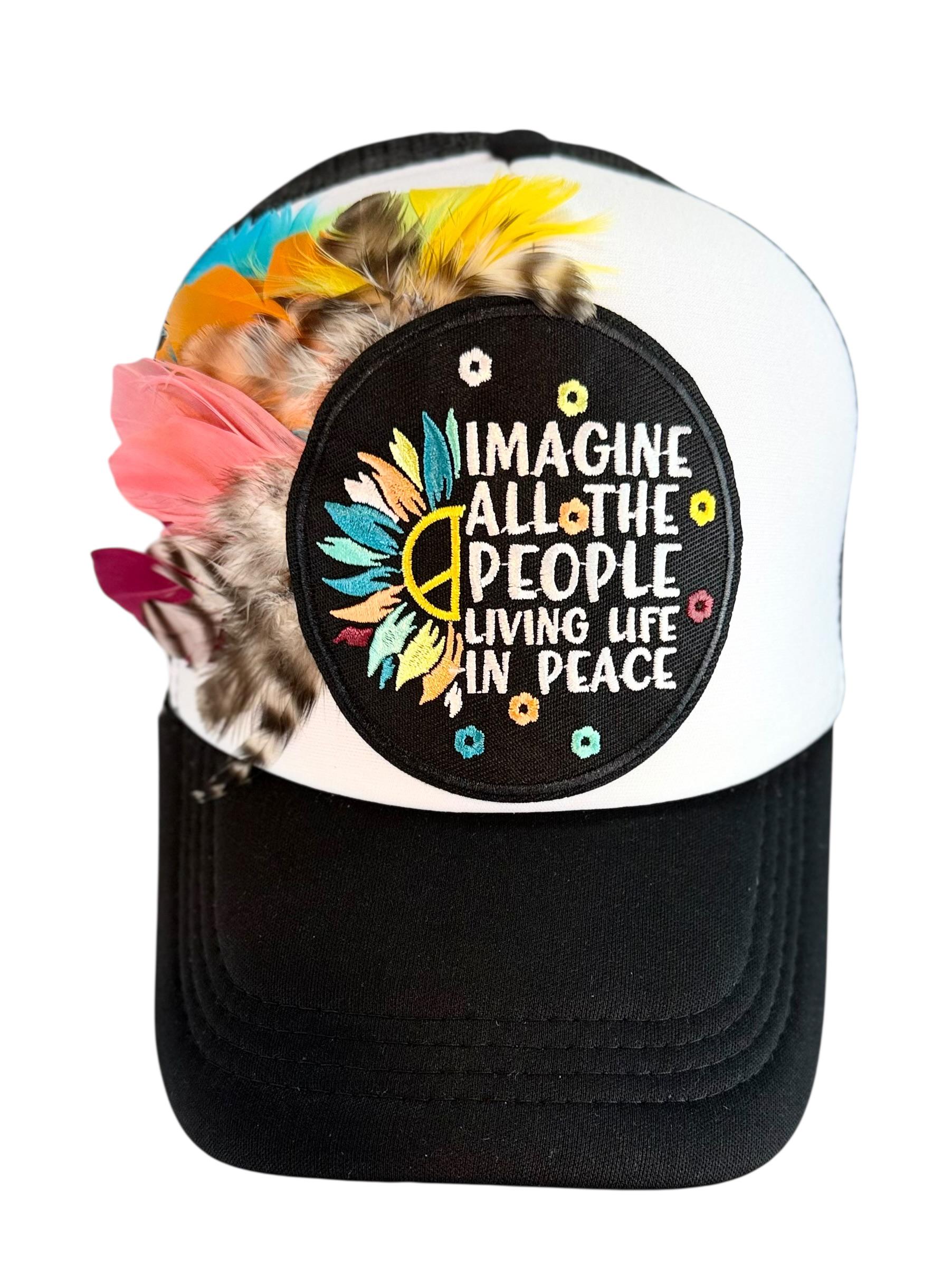 Peaceful Dreams Statement Patchwork and Feather Adorned Avant-Garde Fashionable Trucker & Beanie Hat