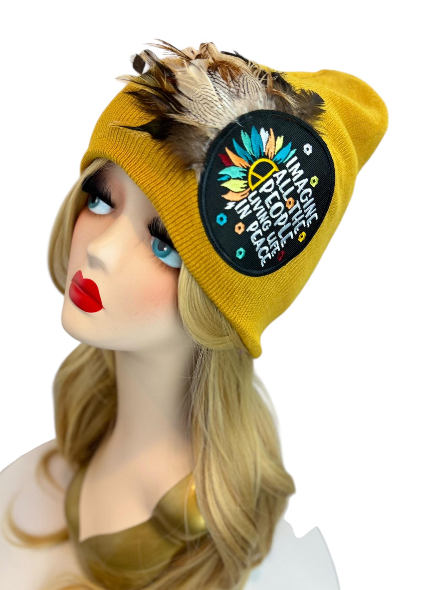 Peaceful Dreams Statement Patchwork and Feather Adorned Avant-Garde Fashionable Trucker & Beanie Hat