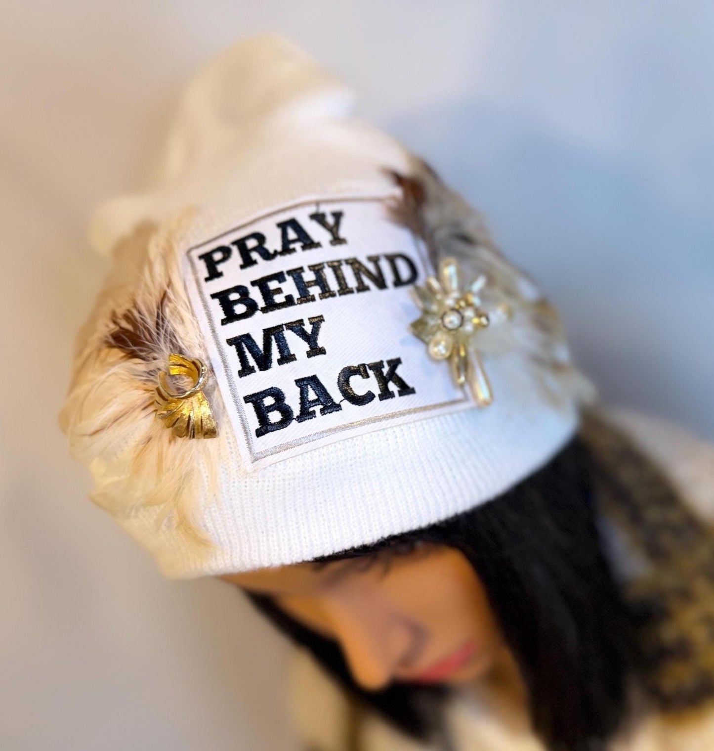 NEW Style Statement “Pray Behind My Back” Patchwork Jeweled Fashionable Winter Hat