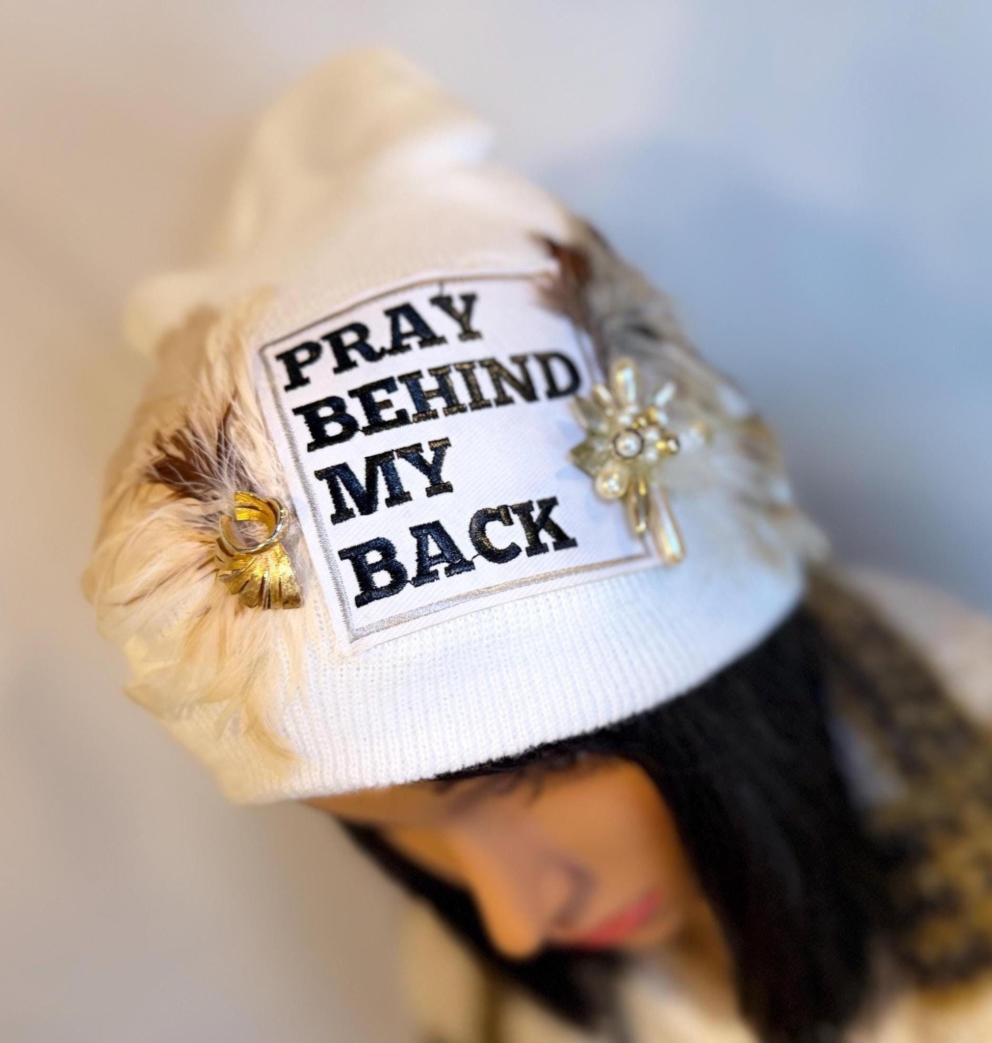 NEW Style Statement “Pray Behind My Back” Patchwork Jeweled Fashionable Winter Hat