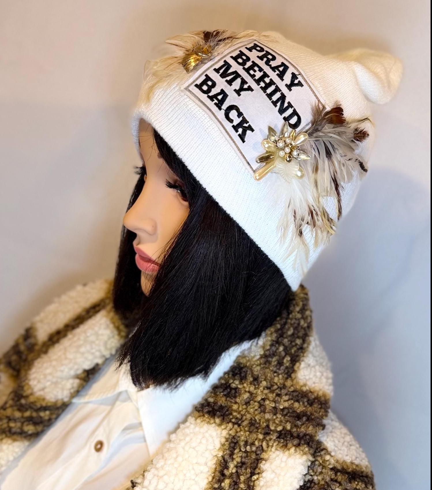 NEW Style Statement “Pray Behind My Back” Patchwork Jeweled Fashionable Winter Hat