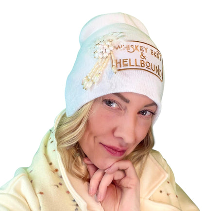 Whiskey Bent & HellBound Statement Patchwork Vintage Jeweled Embellished Fashionable Beanie