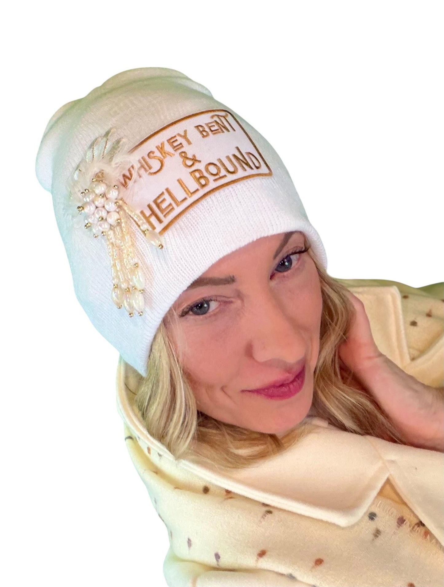 Whiskey Bent & HellBound Statement Patchwork Vintage Jeweled Embellished Fashionable Beanie