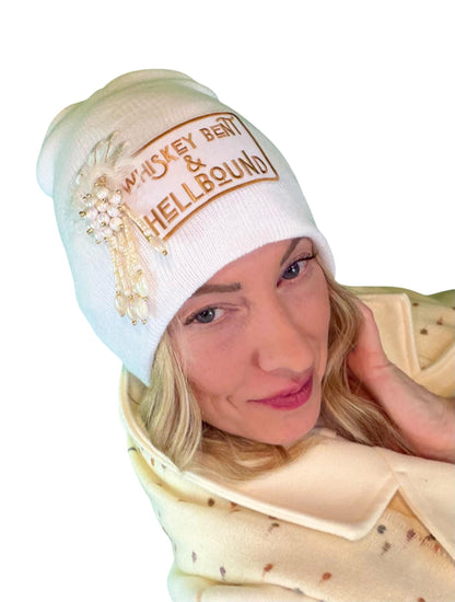 Whiskey Bent & HellBound Statement Patchwork Vintage Jeweled Embellished Fashionable Beanie
