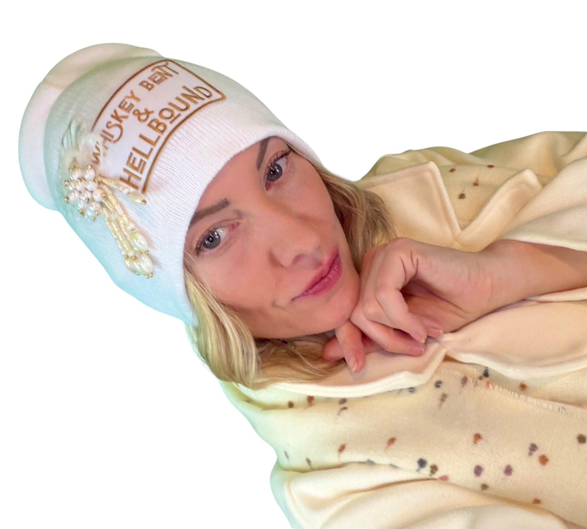 Whiskey Bent & HellBound Statement Patchwork Vintage Jeweled Embellished Fashionable Beanie