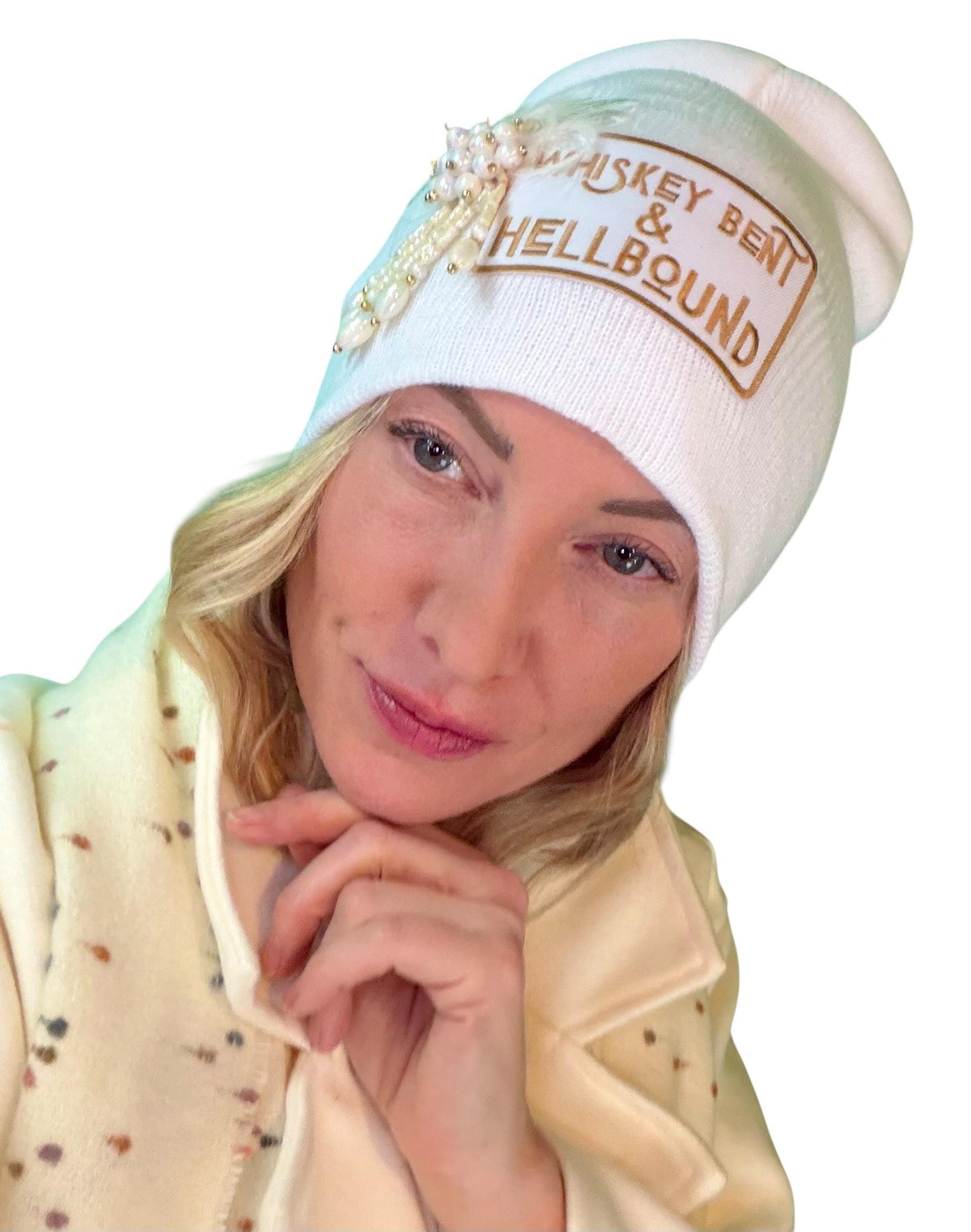 Whiskey Bent & HellBound Statement Patchwork Vintage Jeweled Embellished Fashionable Beanie