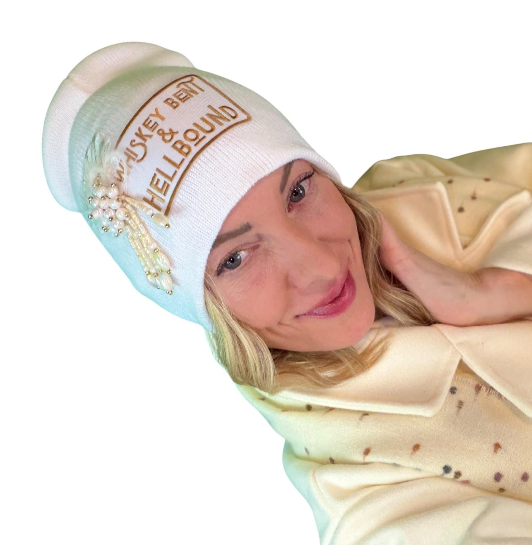 Whiskey Bent & HellBound Statement Patchwork Vintage Jeweled Embellished Fashionable Beanie