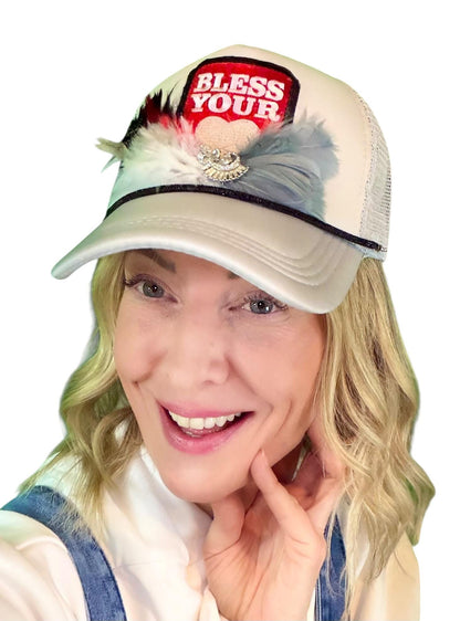 NEW Style Statement “Bless Your Heart” Patchwork Jeweled Trucker Hat