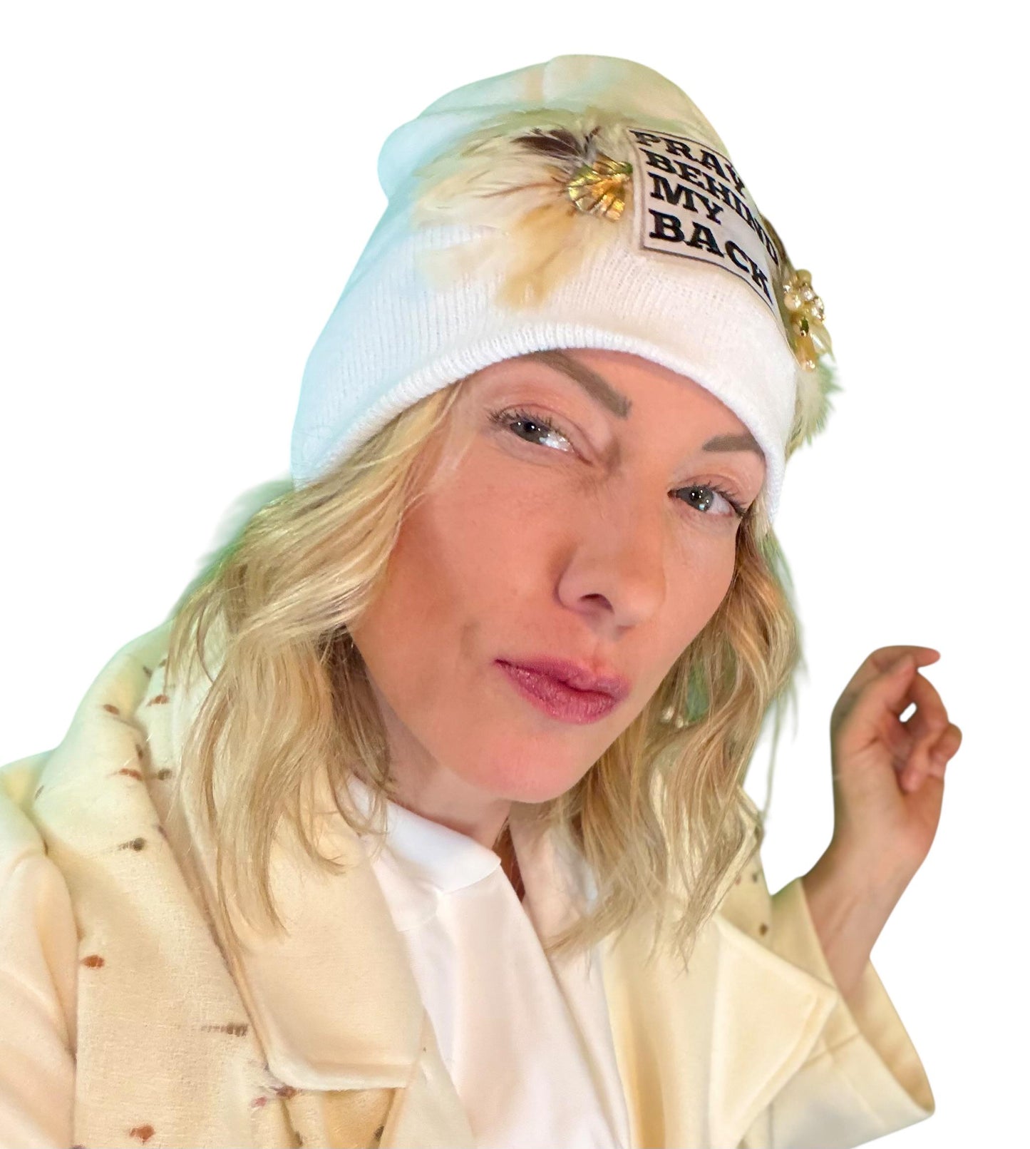 NEW Style Statement “Pray Behind My Back” Patchwork Jeweled Fashionable Winter Hat