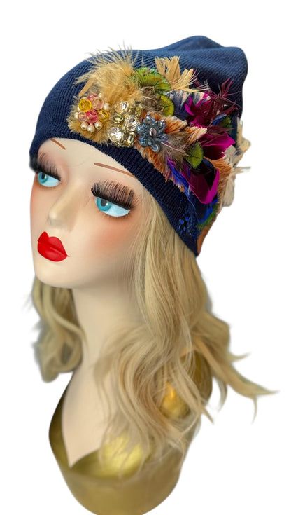 Midnight Radiance Fashionable Statement Flapper Feather & Jeweled Vintage Embellished Hat
