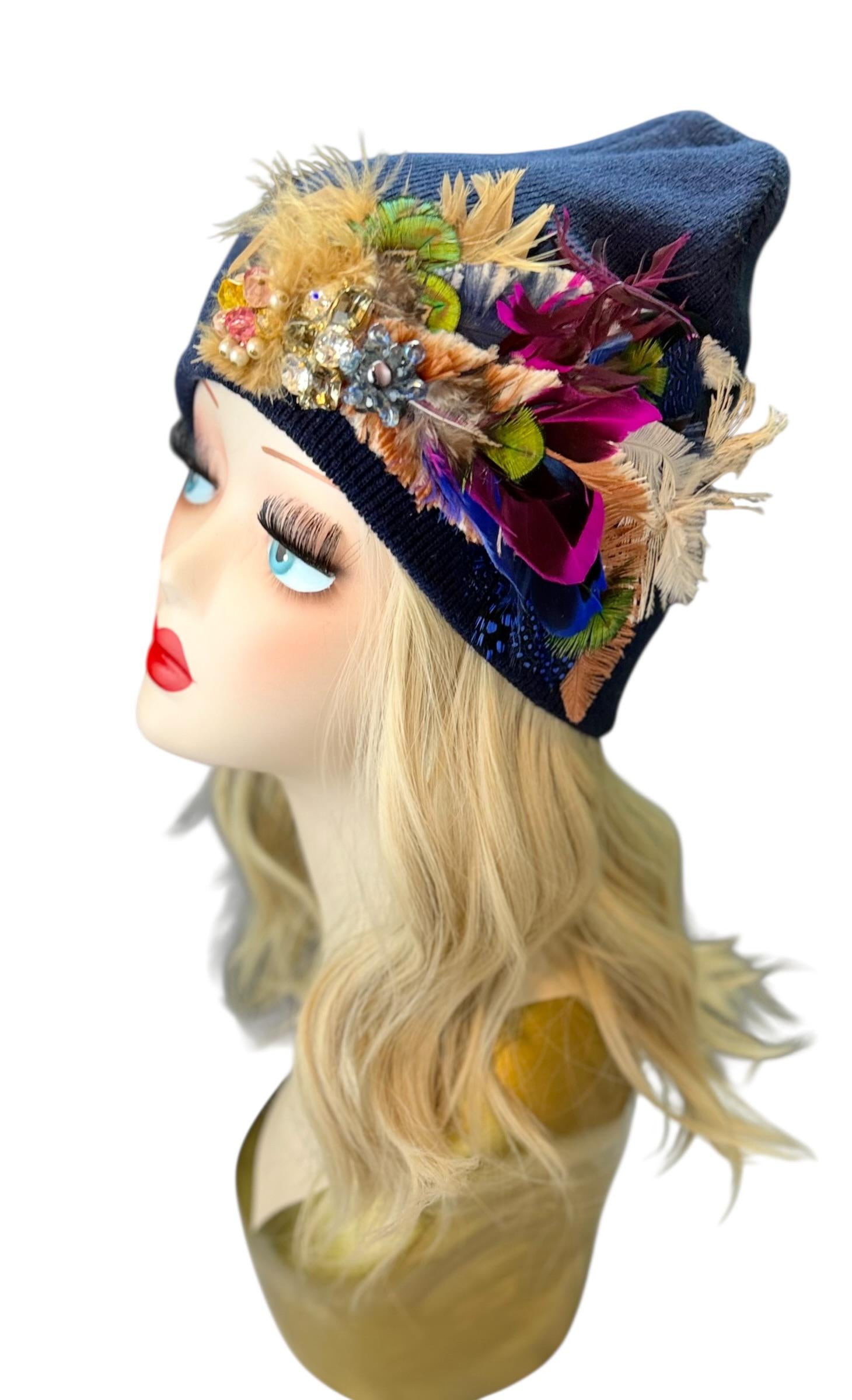 Midnight Radiance Fashionable Statement Flapper Feather & Jeweled Vintage Embellished Hat