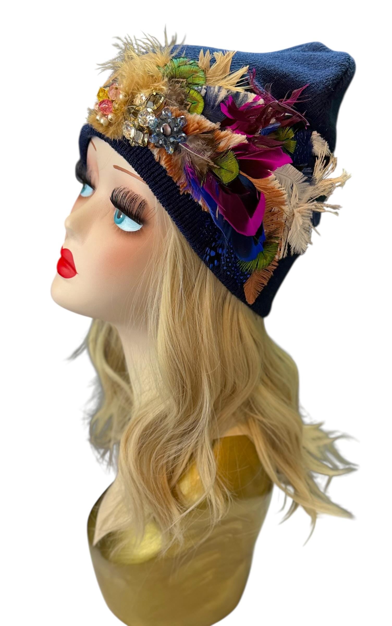 Midnight Radiance Fashionable Statement Flapper Feather & Jeweled Vintage Embellished Hat