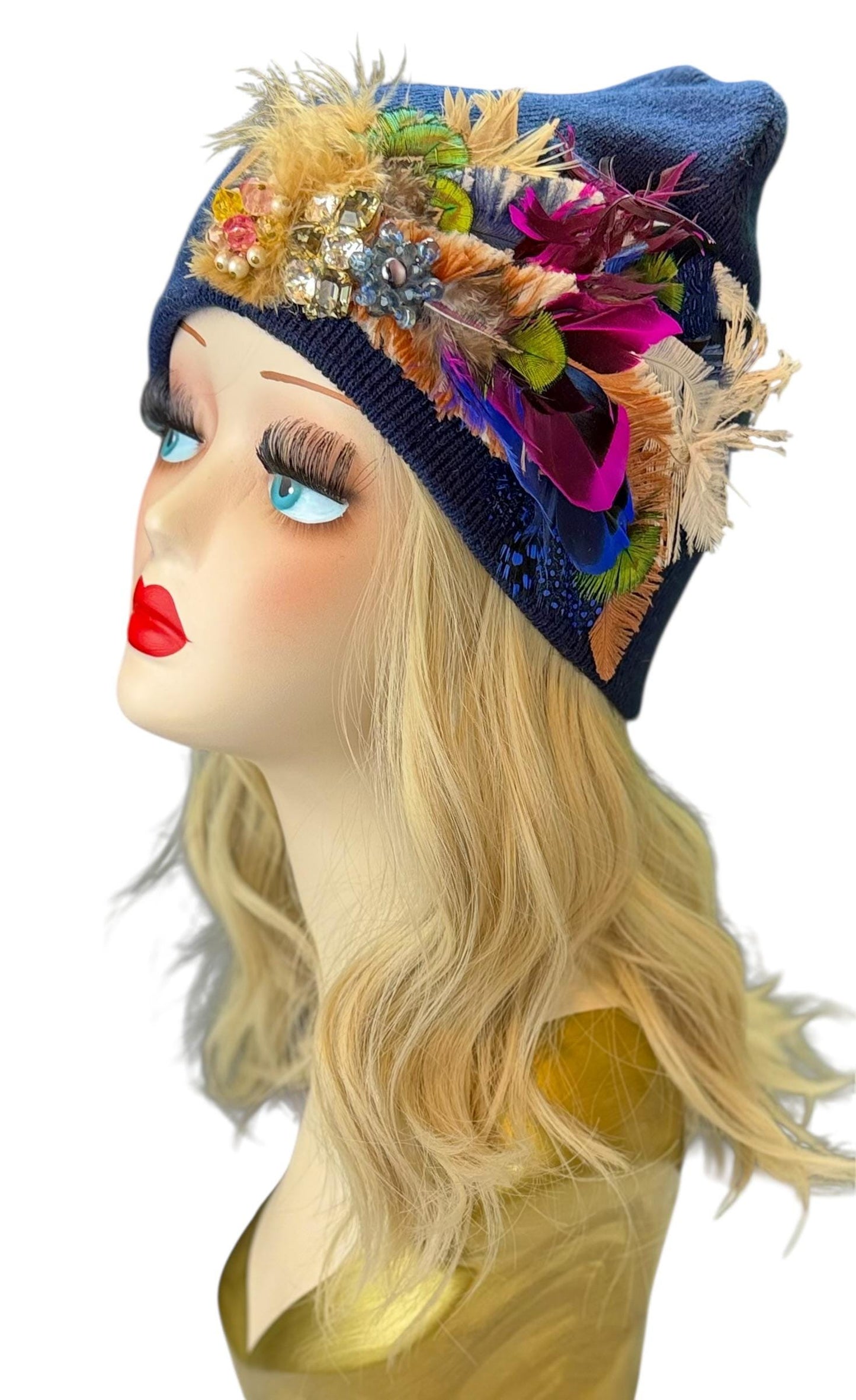 Midnight Radiance Fashionable Statement Flapper Feather & Jeweled Vintage Embellished Hat
