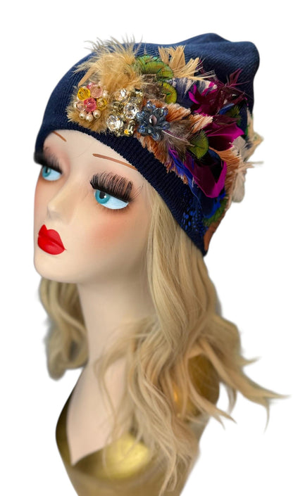Midnight Radiance Fashionable Statement Flapper Feather & Jeweled Vintage Embellished Hat