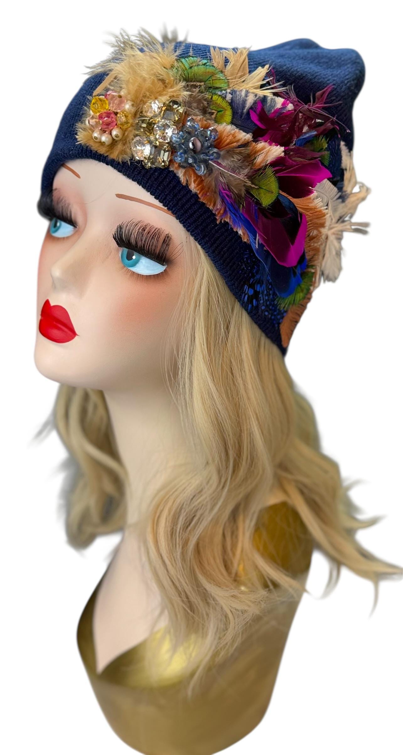 Midnight Radiance Fashionable Statement Flapper Feather & Jeweled Vintage Embellished Hat