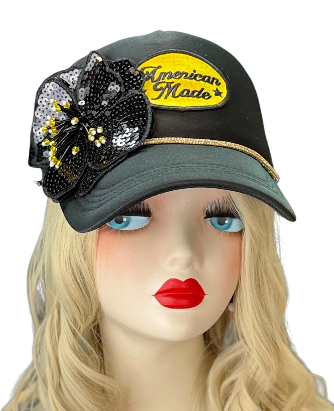 American Made Feathered Style Statement Patchwork Vintage Jeweled Trucker Hat