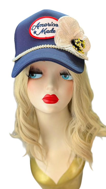 American Made Feathered Style Statement Patchwork Vintage Jeweled Trucker Hat