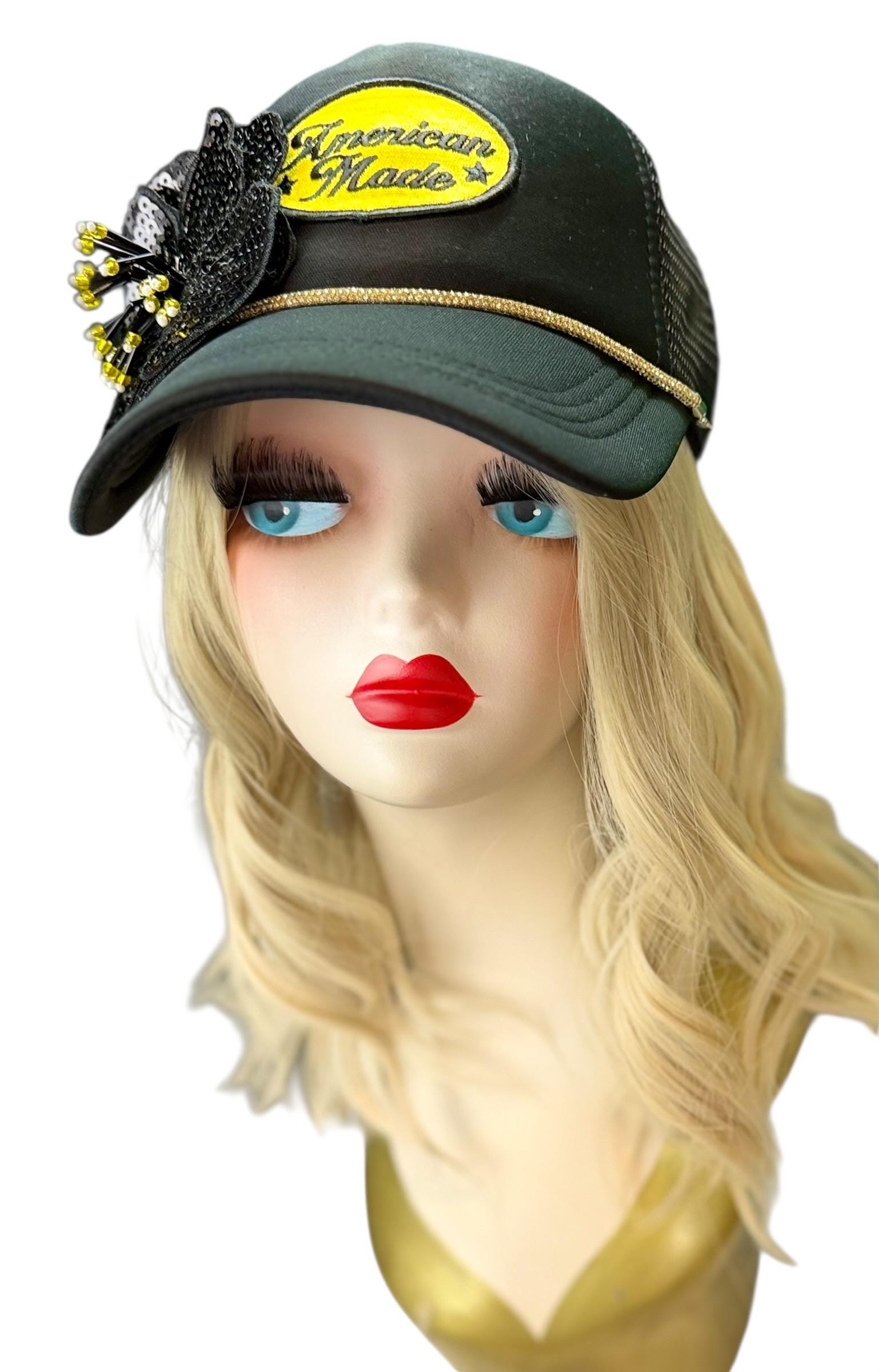 American Made Feathered Style Statement Patchwork Vintage Jeweled Trucker Hat